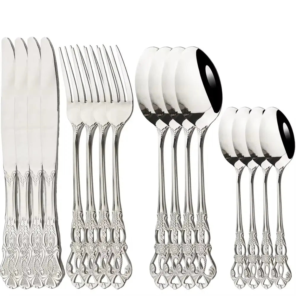 16Pcs Gold Dinnerware Set Vintage Stainless Steel Tableware Dinner Knife Fork Dessert Spoon Cutlery Set Kitchen Flatware