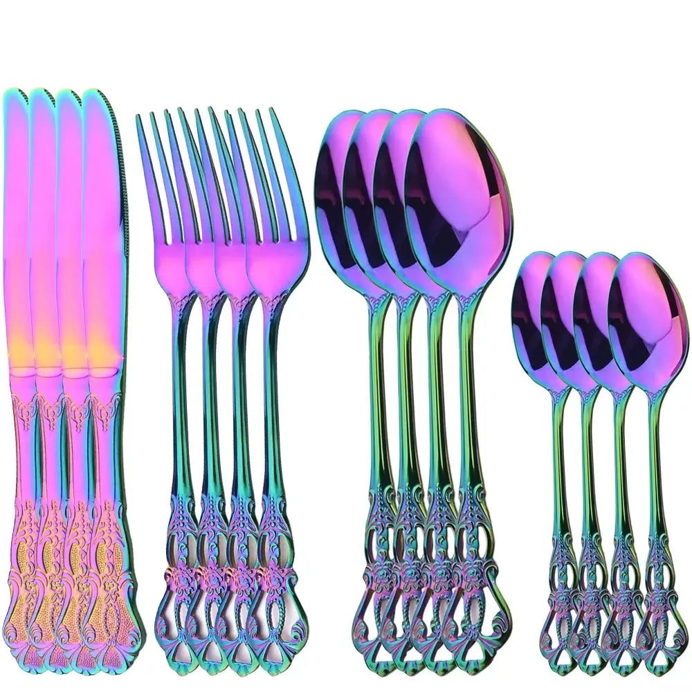 16Pcs Gold Dinnerware Set Vintage Stainless Steel Tableware Dinner Knife Fork Dessert Spoon Cutlery Set Kitchen Flatware