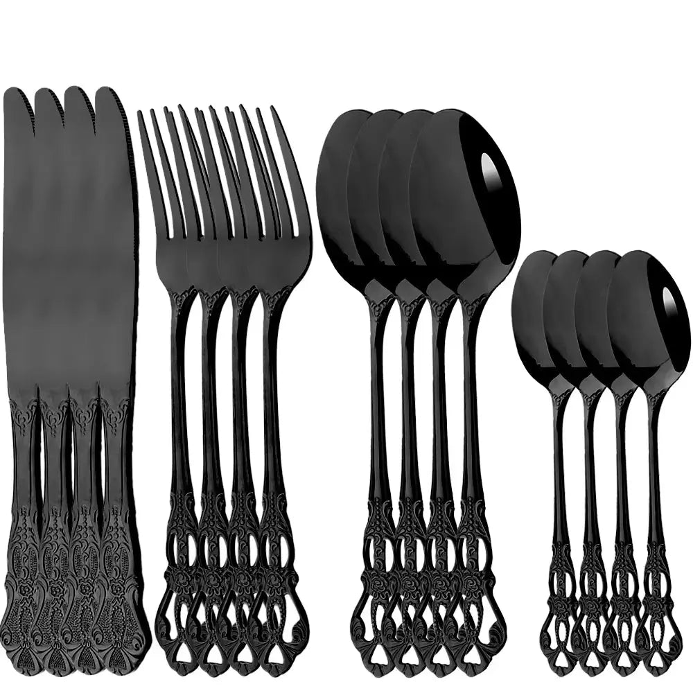 16Pcs Gold Dinnerware Set Vintage Stainless Steel Tableware Dinner Knife Fork Dessert Spoon Cutlery Set Kitchen Flatware